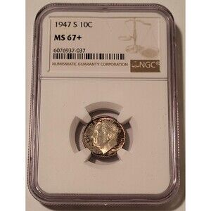 1947 S Roosevelt Dime Unc MS67+ NGC Toned
